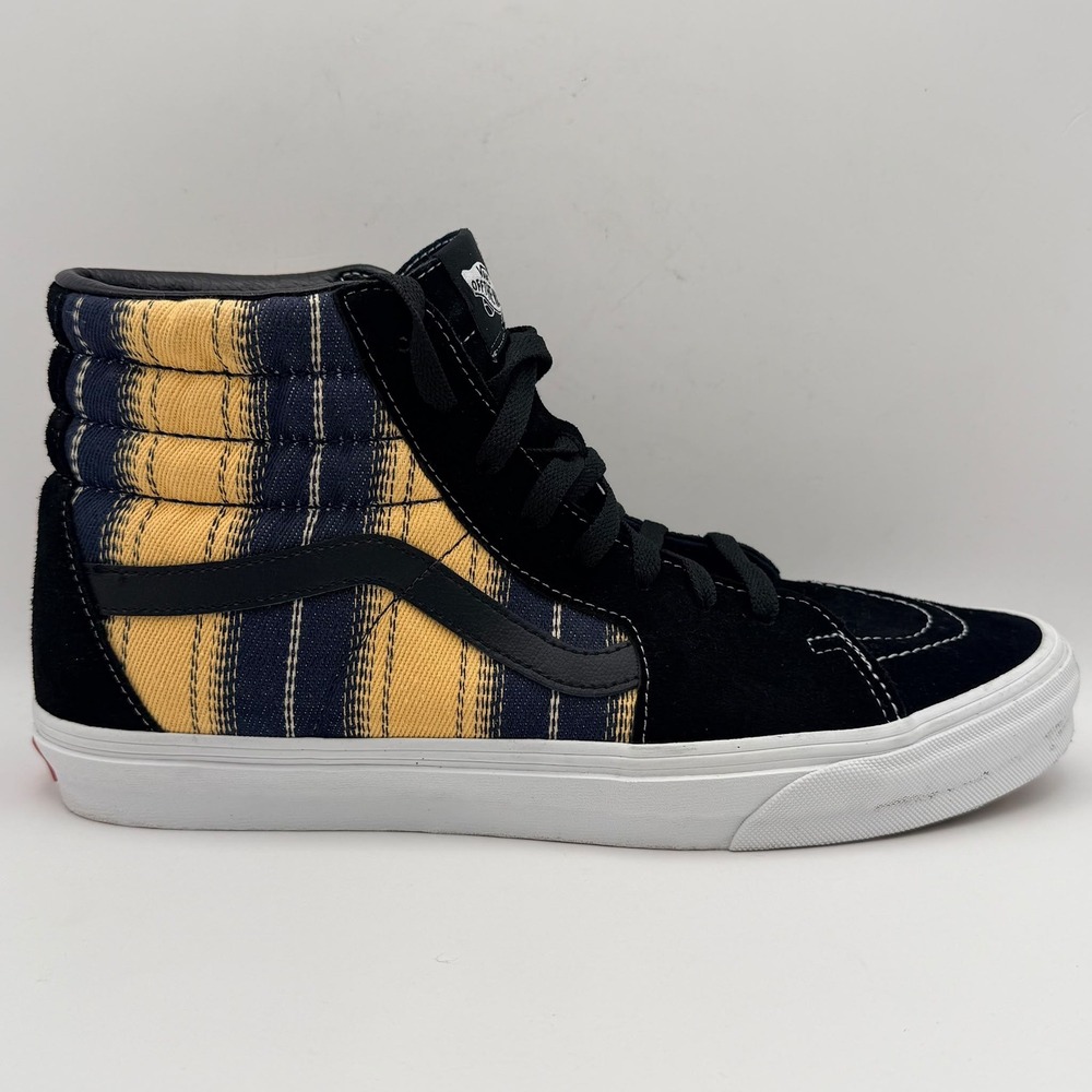 Vans Sk8-Hi High Top Sneakers Mens 11.5 Black Yellow Striped Woven Suede Shoes